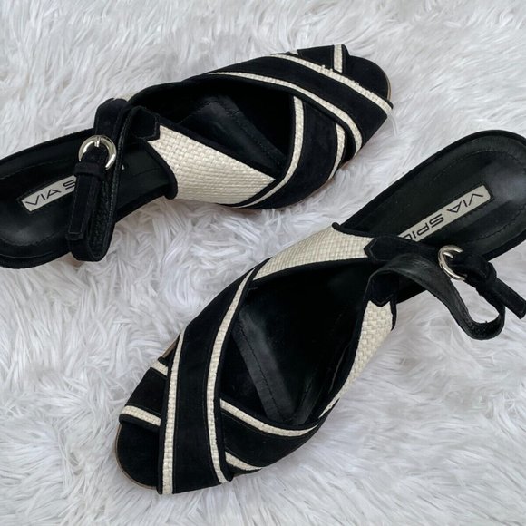 Via Spiga Women Heel Shoes Sandal Black/White Faux Suede Upper Brazil Size 9.5 - Picture 2 of 12